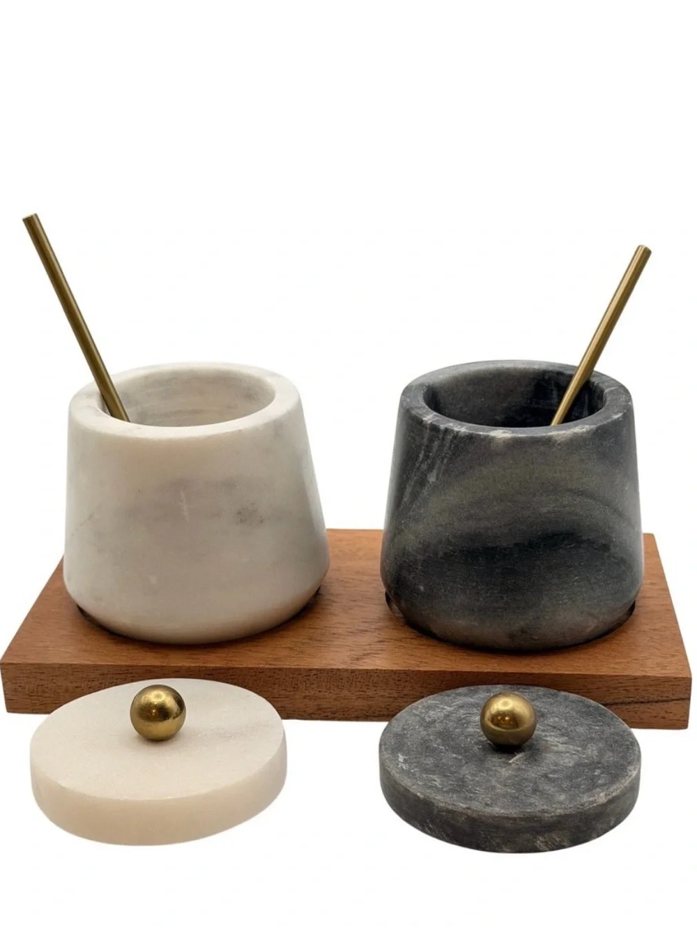 Marble Salt and Pepper Jars with Gold Spoons and Wooden Tray - White & Gray